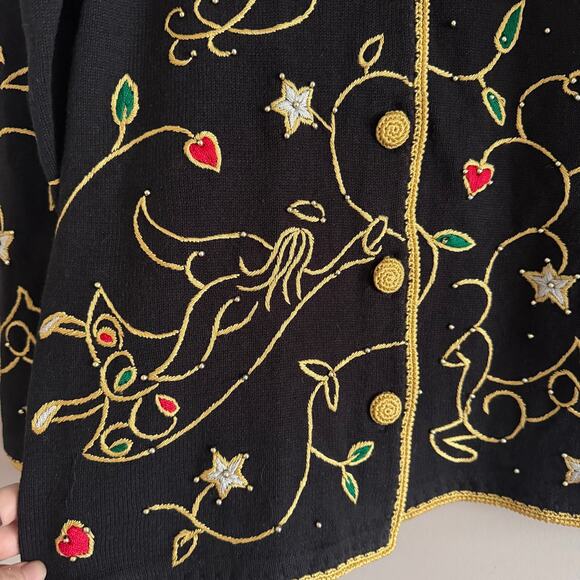 Michael Simon Vintage Black Gold Christmas Angel Beaded Cardigan Sweater Large - Picture 5 of 6
